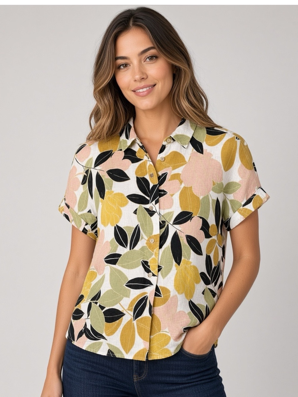 Rachel Zoe Floral Short-Sleeve Button Front Linen Top in Multicolor